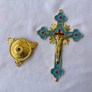 Standing Metal Crucifix with Blue Enamel