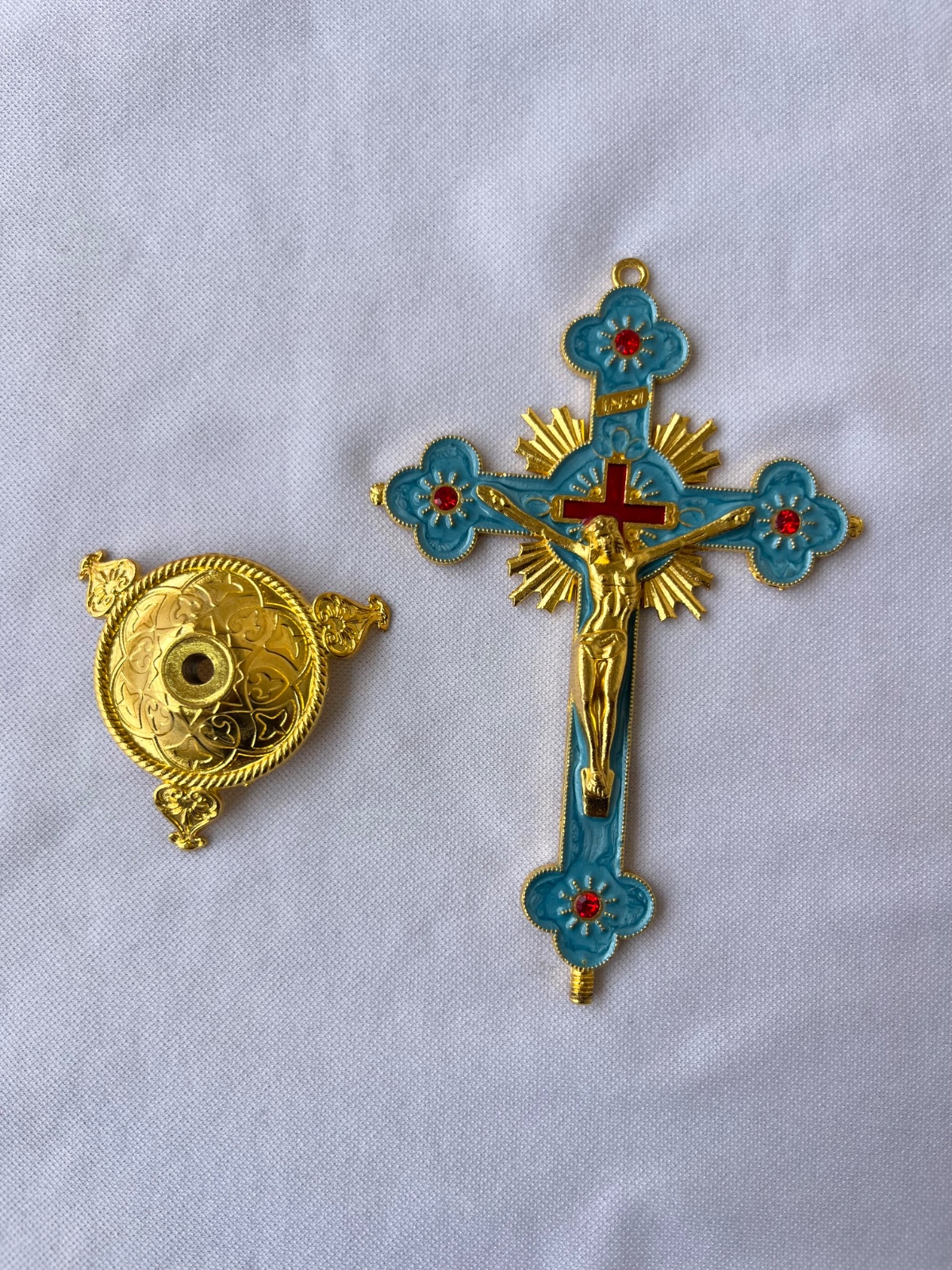 standing crucifix with blue enamel
